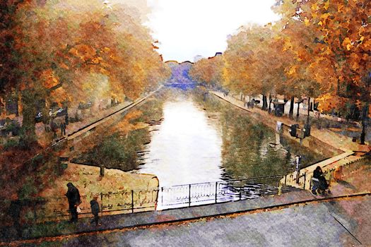 watercolor representing the walk on the Seine canals in Paris in the autumn