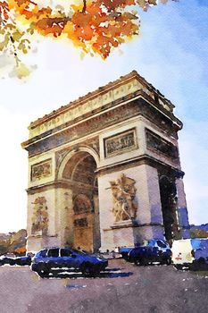 watercolor of the arc de triomphe in Paris on an autumn day