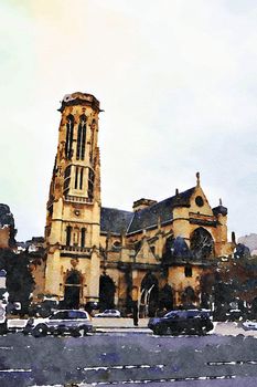 watercolor representing one of the small Gothic churches in the center of Paris