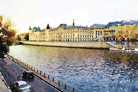 watercolor representing the Seine seen from the bridges of Paris Conciergerie