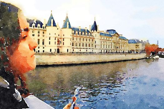 watercolor representing a tourist with the map on a bridge in Paris and the Concergierie in the background