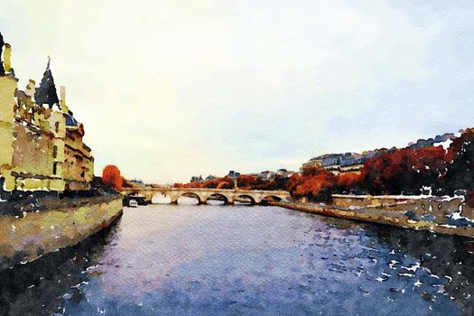 watercolor representing the Seine seen from the bridges of Paris