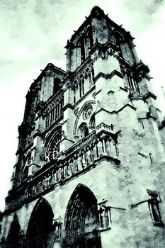 watercolors of the church of Notre Dame in Paris