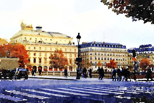 watercolor representing one of the squares in the center of Paris