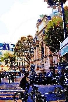 watercolor representing one of the squares in the center of Paris