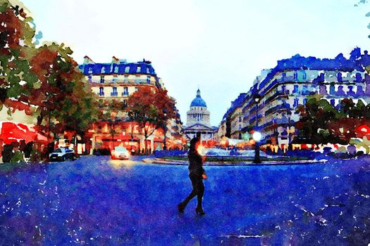 watercolor representing one of the squares in the center of Paris