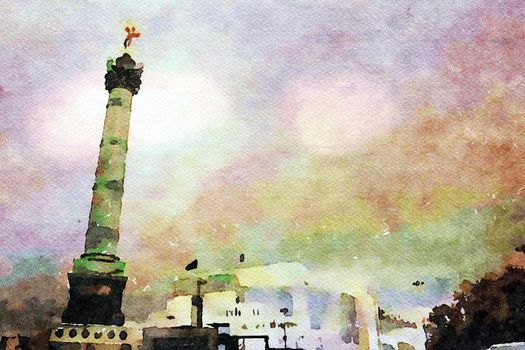watercolor representing a glimpse of the Bastille square in Paris