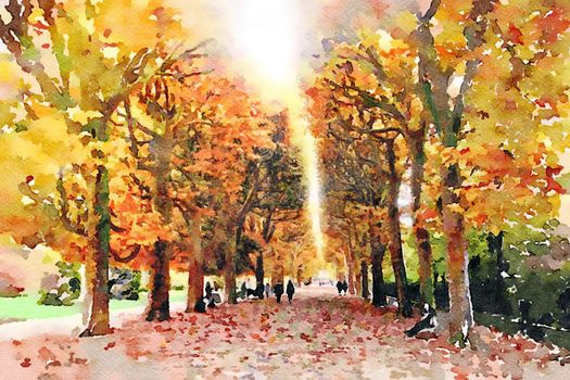 watercolor representing the gardens of Paris in autumn