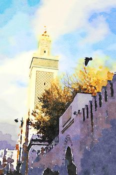 watercolor representing the great mosque of Paris in the autumn