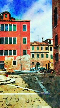 Watercolor which represents a glimpse of a small square in the heart of Venice