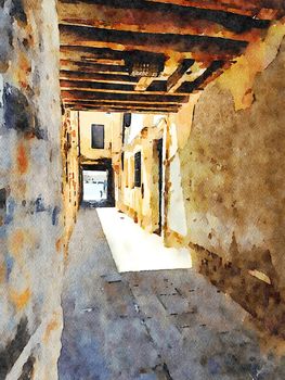 Watercolor representing a alleyway in the historic center of Venice