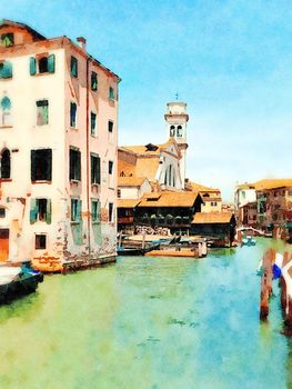 Watercolor which represents a glimpse of one of the canals between the buildings of the historic center of Venice