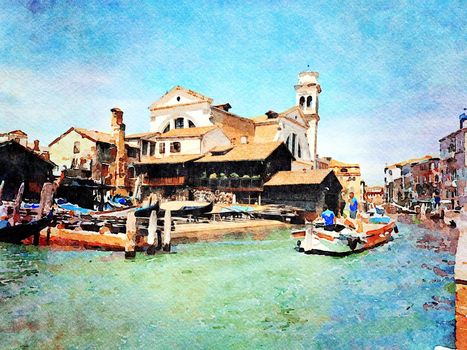 Watercolor which represents a glimpse of one of the canals between the buildings of the historic center of Venice