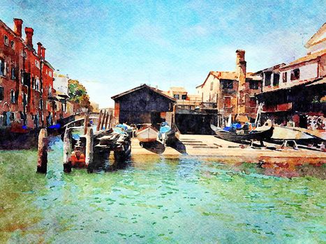 Watercolor which represents a glimpse of one of the canals between the buildings of the historic center of Venice
