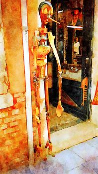 Watercolor representing Pinocchio's wooden puppet in a small street in the historic center of Venice