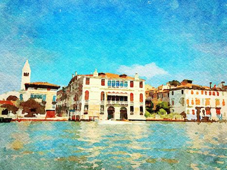 Watercolor which represents a glimpse of the historic buildings on the grand canal in the center of Venice