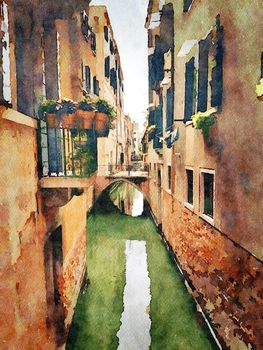 Watercolor which represents a glimpse of the small canals between the historic buildings in the center of Venice