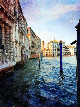 Watercolor which represents a glimpse of the historic buildings on the grand canal in the center of Venice