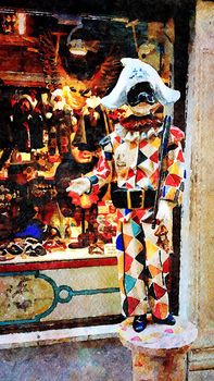 Watercolor representing the statue of Harlequin and the carnival masks in a small street in the historic center of Venice
