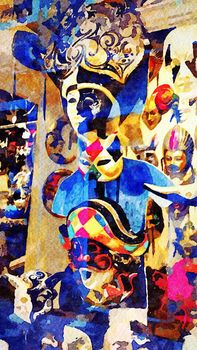 Watercolor representing carnival masks in a small street in the historic center of Venice