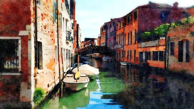 Watercolor which represents a glimpse of the small canals between the historic buildings in the center of Venice