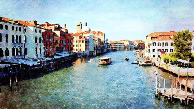 Watercolor which represents a glimpse of the historic buildings on the grand canal in the center of Venice
