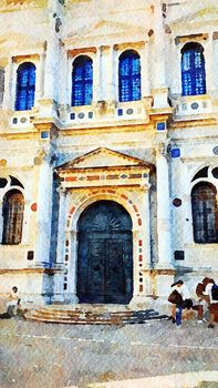 Watercolor representing the main facade of a historic building in the historic center of Venice