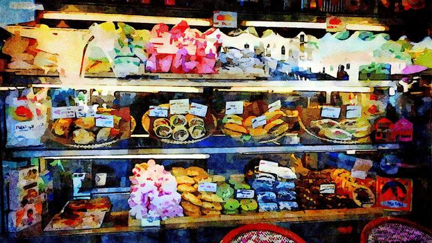 Watercolor representing the window of a pastry shop in a small street in the historic center of Venice