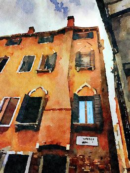 Watercolor representing the facade of a historic building in the center of Venice