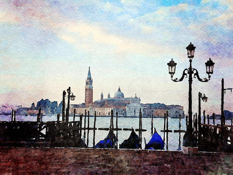 Watercolor representing one of the cathedrals of Venice seen from the grand canal