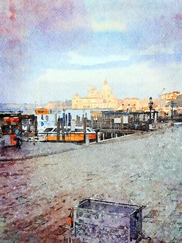 Watercolor representing the view of one of the cathedrals of Venice