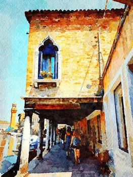 Watercolor representing an arcade of a building in the historic center of Venice