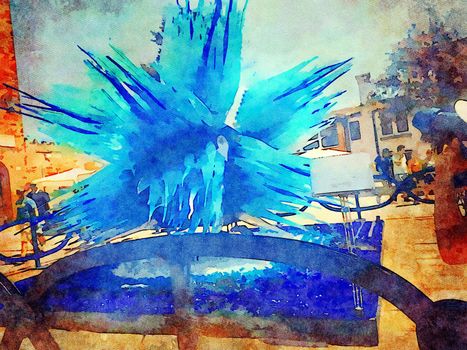 Watercolor representing a blue sculpture in one of the squares in the historic center of Venice
