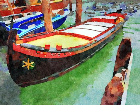 watercolor representing a small colored gondola parked beside one of the canals of Venice