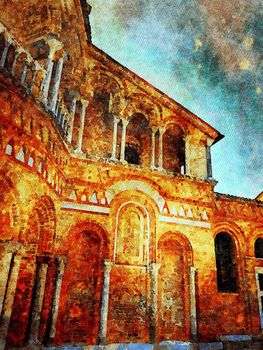 watercolor representing a glimpse of one of the cathedrals of Venice
