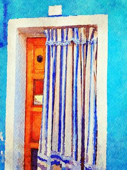 watercolor representing the entrance of a traditional house on the street in Burano in Venice