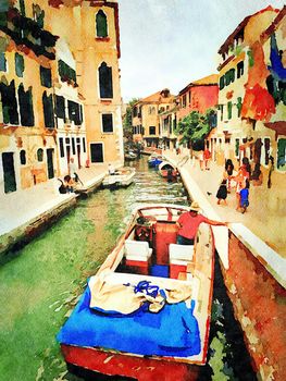 Watercolor which represents a glimpse of the small canals with boats between the historic buildings in the center of Venice