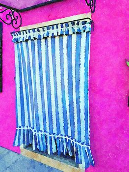 watercolor representing the entrance of a traditional house on the street in Burano in Venice