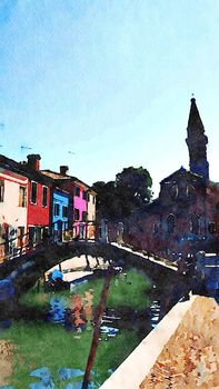 Watercolor representing some typical colored buildings and a bridge over one of the canals in Burano in Venice