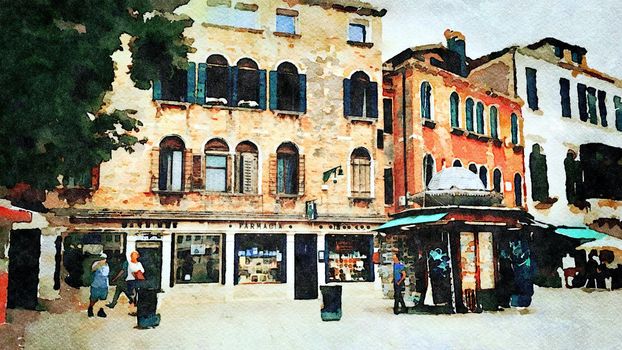 Watercolor which represents a glimpse of one of the squares in the historic center of Venice