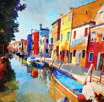 watercolor representing the colorful buildings on the canals of Burano in Venice