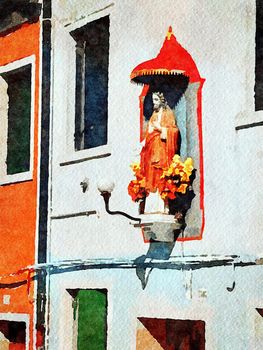 Watercolor representing the statue of a Christ on the wall of one of the buildings in Burano in Venice