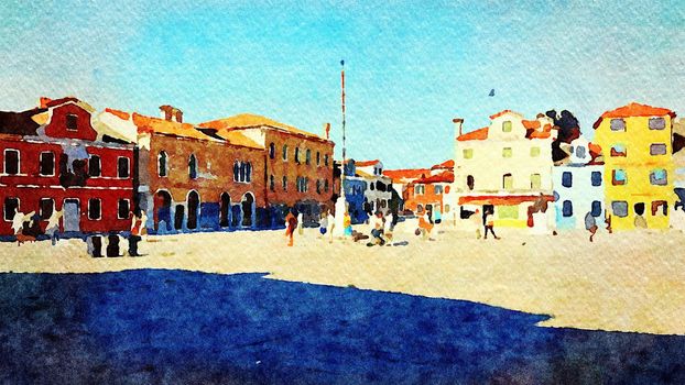 Watercolor which represents a glimpse of the main square of Burano in Venice