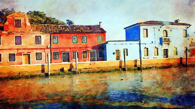 Watercolor representing some typical colored buildings over one of the canals in Burano in Venice