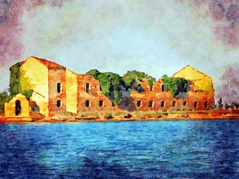 Watercolor representing a glimpse of the island of birds in the Venice lagoon