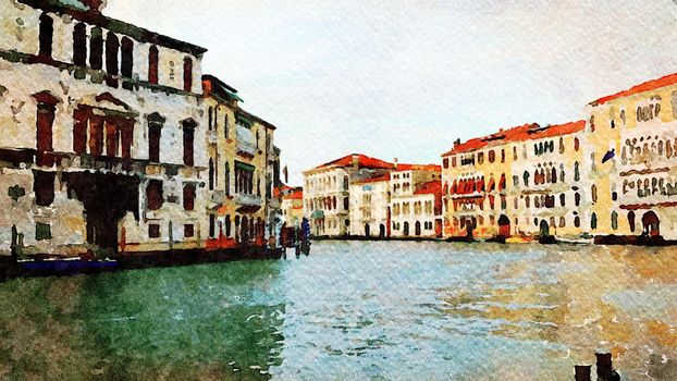 Watercolor that represents a glimpse of the historic buildings of Venice overlooking the grand canal