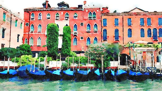 Watercolor representing the gondolas parked at the foot of the historic buildings of Venice overlooking the grand canal