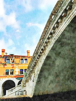 Watercolor which represents a glimpse of the famous Venice bridge over the Grand Canal