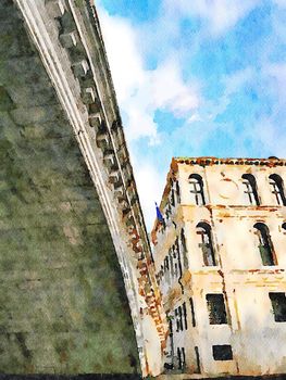 Watercolor which represents a glimpse of the famous Venice bridge over the Grand Canal