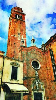 Watercolor which represents a glimpse of one of the churches in the historic center of Venice